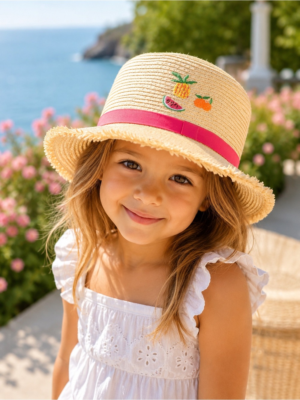 124 Girls' Straw Sun Hat with Pink Ribbon and Fruit Embroidery
